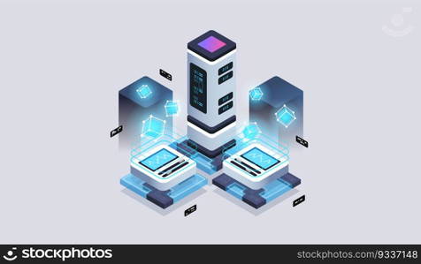 Data analysis processing big data computing, information flow,digital science lab. Tech visualization concept. 3d isometric vector illustration.