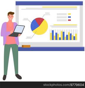 Data analysis research statistics concept. Strategy, business development. Male employee makes presentation of results of statistical business research. Man is working with digital technology. Male employee with laptop making presentation of results of statistical business research