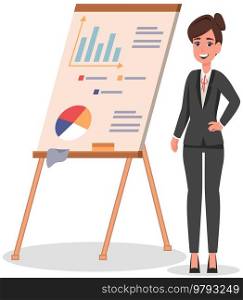 Data analysis research statistics concept. Work with statistics, strategy, business development. Female employee talks about results of statistical research. Woman near presentation board with data. Woman near presentation board with data, results of statistical research, business development plan