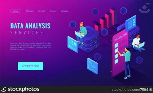 Data analysis services landing page isometric concept. Business anlyst, front end and beck end developers implementing features. Software development on ultraviolet background. Vector 3d illustration.. Dedicated team working on a project isometric concept.