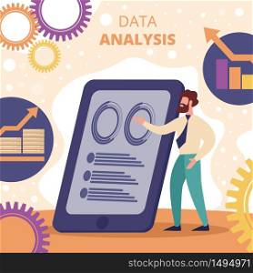 Data Analysis Square Banner. Young Businessman or Couch Trainer Doing Presentation at Huge Tablet Pc on Background with Growing Charts and Graphs, Gears and Cogwheels. Cartoon Flat Vector Illustration. Young Businessman or Couch Trainer Presentation