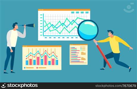 Data analysis, teamwork researching with loupe, men and graph report. Workers cooperation with lens, growth chart on board, development sign vector. Teamwork Researching, Data Analysis, Graph Vector