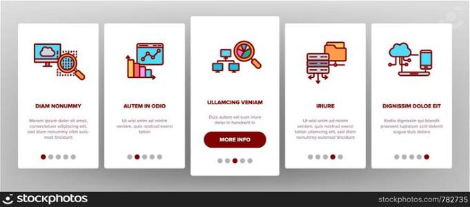 Data Analysis, Web Storage Onboarding Mobile App Page Screen Vector Icons Set. Data Science Thin. Server, Database, Cloud Computing. Diagrams, Statistics, Schemes. Information Analytics Illustrations. Data Analysis, Web Storage Vector Onboarding Mobile App Page Screen