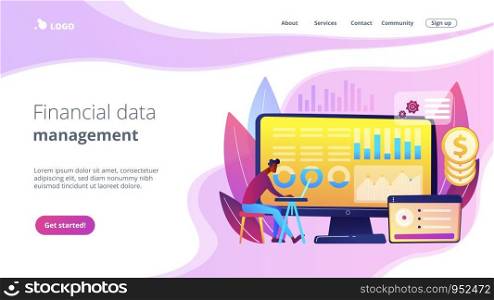 Data analyst consolidating financial information and reports on computer. Financial data management, financial software, digital data report concept. Website vibrant violet landing web page template.. Financial data management concept landing page.