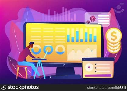 Data analyst consolidating financial information and reports on computer. Financial data management, financial software, digital data report concept. Bright vibrant violet vector isolated illustration. Financial data management concept vector illustration.