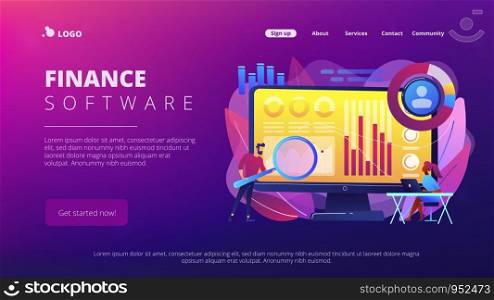 Data analyst oversees and governs income, expenses with magnifier. Financial management system, finance software, IT management tool concept. Website vibrant violet landing web page template.. Financial management system concept landing page.