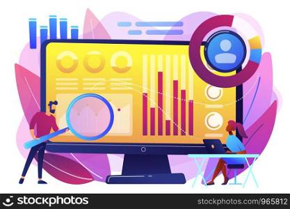 Data analyst oversees and governs income, expenses with magnifier. Financial management system, finance software, IT management tool concept. Bright vibrant violet vector isolated illustration. Financial management system concept vector illustration.
