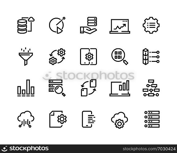 Data analytic line icons. Business technology process digital gear support information network tech. Big data analytics performance chart vector set. Data analytic line icons. Business technology process digital gear support information network tech. Big data analytics vector set