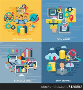 Data Analytics 4 Flat Icons Square. Big data mining analysis and storage technology 4 flat icons square composition banner abstract isolated illustration vector