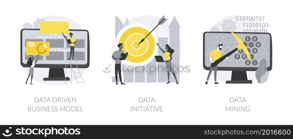 Data analytics abstract concept vector illustration set. Data driven business model, information initiative, data mining, decision making, machine learning analytics, open platform abstract metaphor.. Data analytics abstract concept vector illustrations.