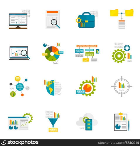 Data analytics computer database structure information analysis flat icons set isolated vector illustration. Data Analytics Flat Icons