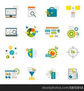 Data analytics computer database structure information analysis flat icons set isolated vector illustration. Data Analytics Flat Icons