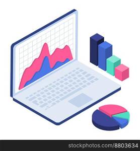 Data analytics concept, chart and graphic on laptop. Vector of chart data, digital analysis report graph marketing illustration. Data analytics concept, chart and graphic on laptop