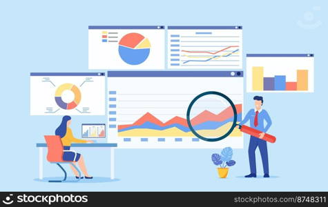 Data analytics, dashboard and business finance report. business people working for data analytics and monitoring on web report. business finance investment concept. Vector illustration in flat style. Data analytics, dashboard