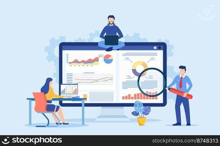 Data analytics, dashboard and business finance report. business people working for data analytics and monitoring on web report. business finance investment concept. Vector illustration in flat style. Data analytics, dashboard