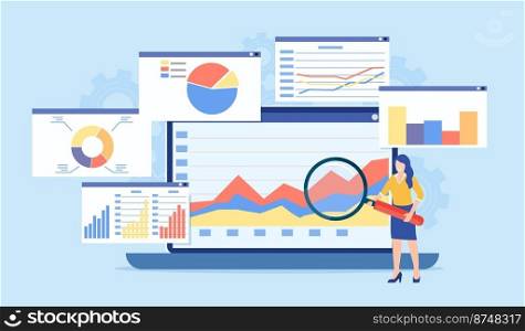Data analytics, dashboard and business finance report. business people working for data analytics and monitoring on web report. business finance investment concept. Vector illustration in flat style. Data analytics, dashboard