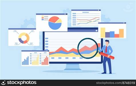 Data analytics, dashboard and business finance report. business people working for data analytics and monitoring on web report. business finance investment concept. Vector illustration in flat style. Data analytics, dashboard