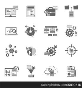 Data analytics database filter and information security black icons set isolated vector illustration. Data Analytics Icons