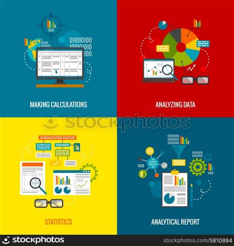 Data analytics design concept with making calculations statistics and analytical report flat icons set isolated vector illustration. Data Analytics Flat Set