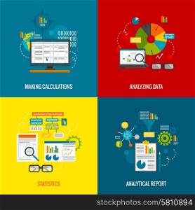 Data analytics design concept with making calculations statistics and analytical report flat icons set isolated vector illustration. Data Analytics Flat Set