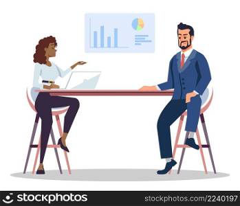 Data analytics discussion semi flat RGB color vector illustration. Mass media occupation. Female news presenter interviewing economic expert isolated cartoon characters on white background. Data analytics discussion semi flat RGB color vector illustration