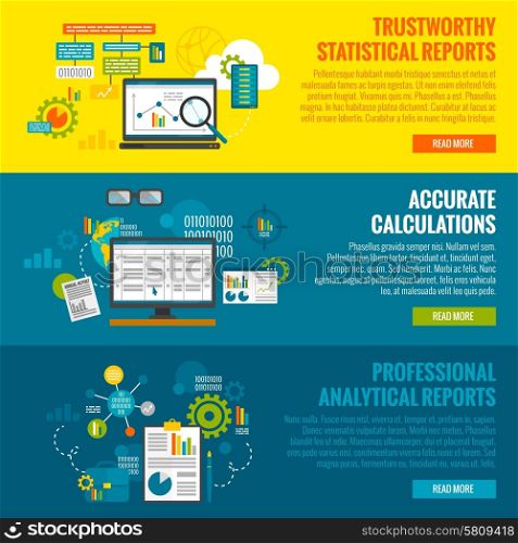 Data analytics horizontal banner set with statistics reports and calculations flat elements isolated vector illustration. Data Analytics Banner Set