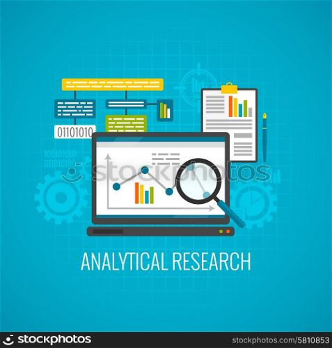 Data and analytical research concept with laptop and magnifying glass icon flat vector illustration. Data and analytical research icon