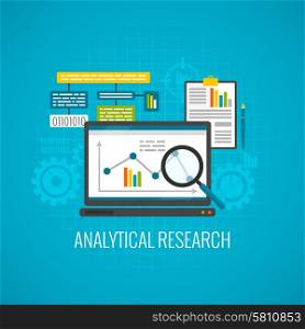 Data and analytical research concept with laptop and magnifying glass icon flat vector illustration. Data and analytical research icon