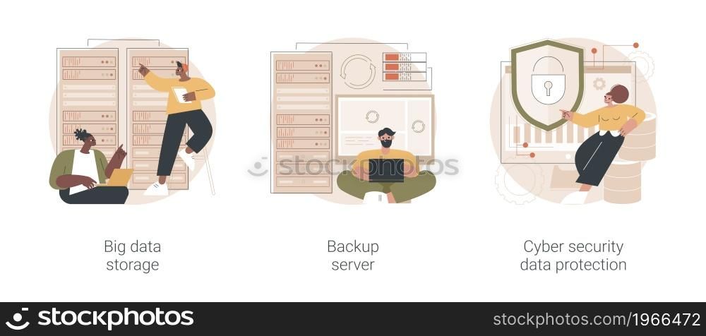 Data backup software abstract concept vector illustration set. Big data storage, backup server, cyber security data protection, remote server, protection from cyberattack abstract metaphor.. Data backup software abstract concept vector illustrations.