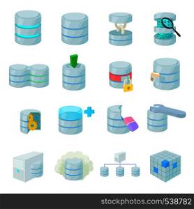 Data base icons set in cartoon style isolated on white. Data base icons set