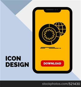 data, big data, analysis, globe, services Glyph Icon in Mobile for Download Page. Yellow Background. Vector EPS10 Abstract Template background