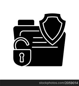 Data breach insurance black glyph icon. Protecting customers from financial losses online. Cyber safety insurance policy. Silhouette symbol on white space. Vector isolated illustration. Data breach insurance black glyph icon