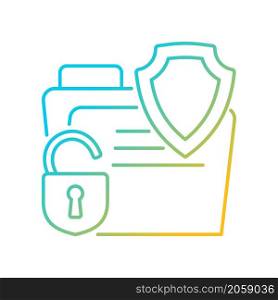 Data breach insurance gradient linear vector icon. Digital information safety policy. Customer protection. Thin line color symbol. Modern style pictogram. Vector isolated outline drawing. Data breach insurance gradient linear vector icon