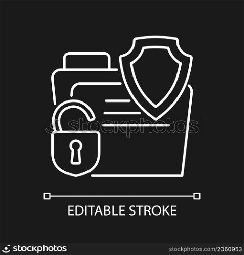 Data breach insurance white linear icon for dark theme. Cyber safety insurance. Thin line customizable illustration. Isolated vector contour symbol for night mode. Editable stroke. Arial font used. Data breach insurance white linear icon for dark theme