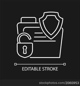 Data breach insurance white linear icon for dark theme. Cyber safety insurance. Thin line customizable illustration. Isolated vector contour symbol for night mode. Editable stroke. Arial font used. Data breach insurance white linear icon for dark theme
