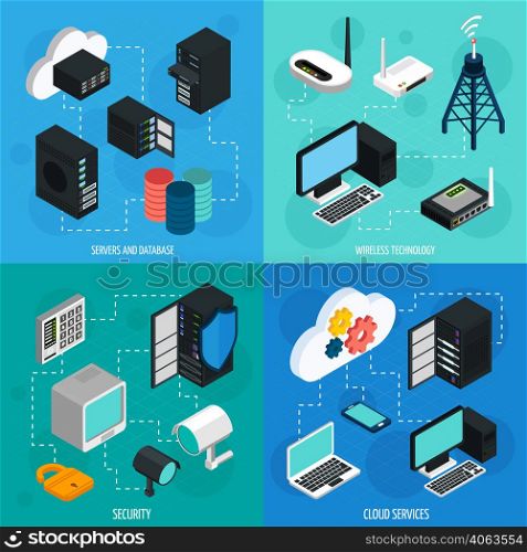 Data center 2x2 isometric icons set with database cloud services security and wireless technology isolated isometric vector illustration. Data Center 2x2 Isometric Icons Set