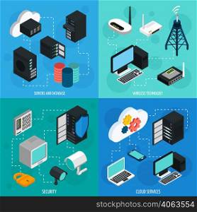 Data center 2x2 isometric icons set with database cloud services security and wireless technology isolated isometric vector illustration. Data Center 2x2 Isometric Icons Set