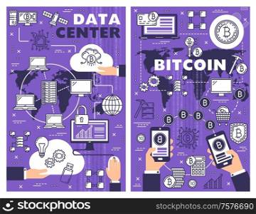 Data center and bitcoin vector design of cryptocurrency and cloud database technologies. Computers, hosting server rack and blockchain, information storage and digital money exchange calculator poster. Data cloud storage and bitcoin cryptocurrency