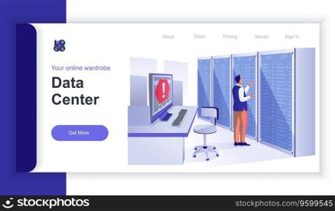 Data center concept 3d isometric web banner with people scene. Engineer maintains connection and configures hardware in server room rack. Vector illustration for landing page and web template design