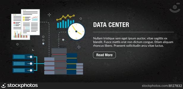 Data center concept. Internet banner with icons in vector. Web banner for business, finance, strategy, investment, technology and planning.