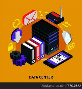 Data center design concept set of smartphone email hardware lock wifi router  isometric icons 3d vector illustration . Data Center Isometric Design Concept