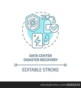 Data center disaster recovery blue concept icon. Prevent damage. Disaster recovery abstract idea thin line illustration. Isolated outline drawing. Editable stroke. Arial, Myriad Pro-Bold fonts used. Data center disaster recovery blue concept icon