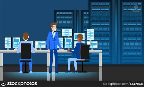 Data Center Engineer People Workplace. Professional Analysis Workflow. Man Character Manager Flat Illustration. Computer, Monitor Display Workspace. Monitoring Desktop System Configuration.. Data Center Engineer Workplace. Flat Illustration