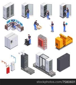 Data center equipment and system administrator character colored isometric icons set 3d isolated vector illustration