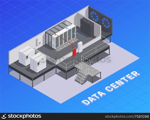 Data center facility infrastructure isometric composition with storage resources cooling equipment air flow devices generators vector illustration