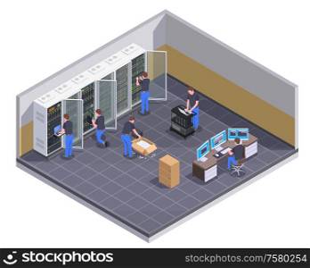 Data center facility isometric view with personnel checking server unpacking hardware equipment administrator controlling operations vector illustration