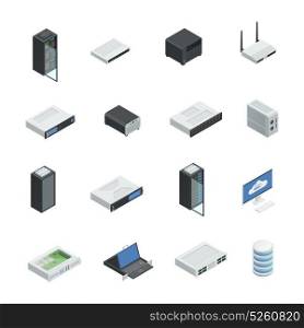 Data Center Icon Set. Datacenter server cloud computing isometric icons set with isolated images of hardware networking equipment infrastructure server racks vector illustration