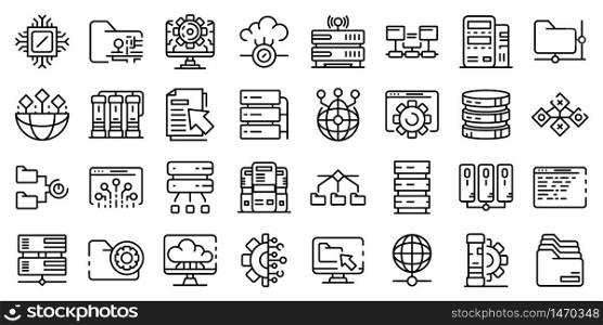 Data center icons set. Outline set of data center vector icons for web design isolated on white background. Data center icons set, outline style