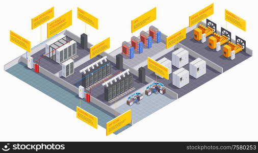 Data center interior isometric composition with equipment and administration room 3d vector illustration