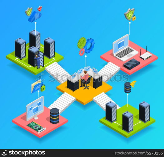 Data Center Isometric Composition. Isometric datacenter composition with cloud computing pictograms and isometric images of different telehouse rooms connected by stairs vector illustration